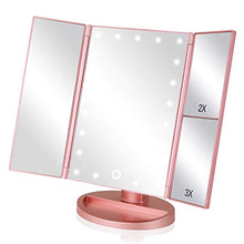 Load image into Gallery viewer, EASEHOLD Makeup Vanity Mirror with 2X 3X Magnifying Dimmable 21 LED Lighted Desk Mirror Adjustable 180 Degree Rotation Touch Screen Dual Power Supply Countertop Portable Tri-Fold Mirror
