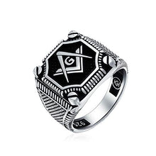 Load image into Gallery viewer, Mens Black Onyx Gemstone Inlay Compass Freemason Masonic Signet Ring For Men Solid Oxidized 925 Silver Made In Turkey