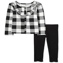 Load image into Gallery viewer, The Children's Place Baby Toddler Girl Long Sleeve Buffalo Plaid Ruffle Top and Knit Bow Leggings 2-Piece Set, Black, 2T
