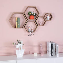 Load image into Gallery viewer, Hexagon Floating Shelves,Wall Mounted Wood Farmhouse Storage Honeycomb Wall Shelf Set of 5,for Bathroom, Kitchen, Bedroom, Living Room,Office,Driftwood Finish (Carbonized Black)