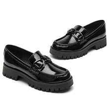 Load image into Gallery viewer, VERDASCO Platform Loafers for Women Leather Chunky Heel Lug Sole Shoes Womens Penny Loafers Comfort Slip On Round Toe Office Work Shoes Fashion Dress Shoes for Women(Black with Chain, 8)