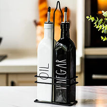 Load image into Gallery viewer, Farmhouse Oil and Vinegar Dispenser Set by Brighter Barns - Black & White Olive Oil Dispenser Bottle with Caddy Holder & Stainless Steel Spout - Cute Modern Vintage Glass Cruet for Kitchen -500ml 17oz