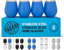 Load image into Gallery viewer, Stainless Steel Wine Glasses: Large 18 Oz Set of 4 Stemless Metal Wine Glass Set with No Lids- Outdoor Wine Tumbler for the Pool, Camping, Cookouts, Travel - Set of 4 Drinking Cups (Blue)