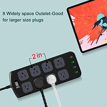 Load image into Gallery viewer, Power Strip Surge Protector 1875W/15A - 8 AC Outlets 3.1A 4 USB Ports 6 Feet Long Extension Cord, Mountable Power Outlet for Flat Plug Phone iPad PC Laptop Home,Office & Hotel - Black