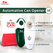 Load image into Gallery viewer, Kitchen Mama Electric Can Opener 2.0: Upgraded Blade Opens Any Can Shape - No Sharp Edge, Food-Safe, Handy with Lid Lift, Battery Operated Handheld Can Opener (Army Green)