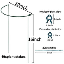 Load image into Gallery viewer, 10pack Garden Plant Support Stake 10" Wide x 16" High Half Round Metal Garden Plant Support Ring Border Support, Plant Support Ring Cage for RoseFlowers Vine Tomato with 20pack Plant Clips &Plant Ties