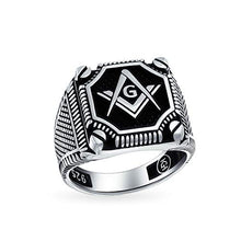 Load image into Gallery viewer, Mens Black Onyx Gemstone Inlay Compass Freemason Masonic Signet Ring For Men Solid Oxidized 925 Silver Made In Turkey