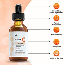Load image into Gallery viewer, KIZZ Vitamin C Serum - Facial Skin Care Formulated with Hyaluronic Acid, Vitamin E, Aloe, Jojoba Oil & Witch Hazel - For Brightening & Moisturizing Skin - Helps Lift Fine Lines, Wrinkles - 2 fl. Oz
