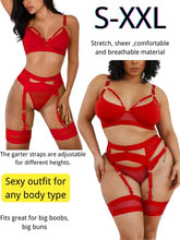 Load image into Gallery viewer, Kaei&Shi Garter Belt Thong Lingerie for Women,Strappy Hollow Out Sexy Lingerie,Underwire Mesh Sheer Matching 4 Piece Lingerie Set Valentine Day Red Medium