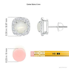 Load image into Gallery viewer, June Birthstone - Claw-Set Moonstone and Diamond Cushion Halo Stud Earrings in Platinum (6mm Moonstone)