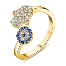 Load image into Gallery viewer, SLOONG Evil Eye Hamsa Hand Ring 14k Gold Plated Third Eye White Zircon Gemstone Blue Cz for Womens (Gold)