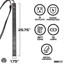 Load image into Gallery viewer, 9 Outlet Heavy Duty Surge Protector Power Strip - 14/3 SJT Black Metal Surge Suppressor with 9 Foot Long Extension Cord
