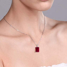 Load image into Gallery viewer, Gem Stone King 925 Sterling Silver Red Created Ruby and White Diamond Pendant Necklace (8.02 Ct Emerald Cut 14X10MM, with 18 Inch Silver Chain)