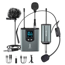 Load image into Gallery viewer, Microphone System Headset Mic/Stand Mic/Lavalier Lapel Mic with Rechargeable Bodypack Transmitter & Receiver 1/4" Output for iPhone, PA Speaker, DSLR Camera, Recording, Teaching