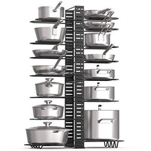 Load image into Gallery viewer, Vdomus extensible pot rack organizer with 4 DIY methods, length adjustable and max extended to 31 inches 13+ pans holder, black metal kitchen cabinet pantry pot lid holder