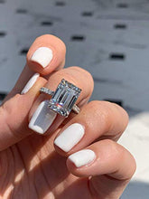 Load image into Gallery viewer, KEYZAR Engagement Rings for Women, Handmade Solitaire, 5ct Emerald Cut Moissanite 0.75ct 3D Diamonds Pave, 14k or 18k White Gold Wedding Promise Rings for Her, Includes Box (D-F Color, VVS1 Clarity)