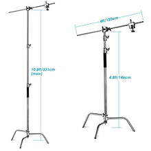 Load image into Gallery viewer, Neewer Pro 100% Stainless Steel Heavy Duty C Stand with Boom Arm - Max Height 11ft/331cm Photography Light Stand with 4ft/120cm Holding Arm, 2 Grip Head for Studio Monolight, Softbox, Reflector