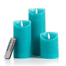 Load image into Gallery viewer, glowiu Teal Candle Pillar Realistic Wick Battery Operated Candles Set of 3 Single Slim Sphere Turquoise Candles Electric Home Decor with 10-Key Remote Multi-Function (3, H 4"6"8" x D3")