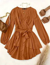 Load image into Gallery viewer, ZESICA Women's Casual V Neck Dress Long Sleeve Wrap Tie Waist Ruffle Hem Cocktail Wedding Party Swing Mini Dresses,Brown,X-Large