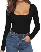 Load image into Gallery viewer, MANGOPOP Women's Square Neck Short Sleeve Long Sleeve Tops Bodysuit Jumpsuit (B Long Sleeve Black, Medium)