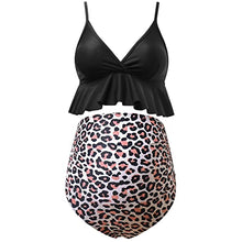 Load image into Gallery viewer, Bhome Maternity Two Pieces Bikini Set High Waisted Swimsuit Ruffle Swimwear Summer Black with Leopard L