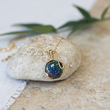 Load image into Gallery viewer, 14K Yellow Gold Plated Over 925 Sterling Silver Fire Black Opal Large Pendant; October Libra Birthstone Necklace; Unique Jewelry For Women; Handmade Vintage Style Opal Necklace For Women