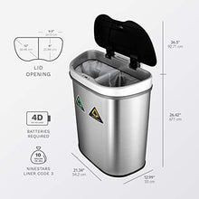 Load image into Gallery viewer, NINESTARS Automatic Touchless Infrared Motion Sensor Trash Can/Recycler with D Shape Silver/Black Lid & Stainless Base, 18 Gal, Stainless Steel
