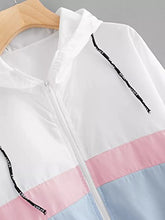Load image into Gallery viewer, COOKI Women's Color Block Drawstring Hooded Windbreaker Jacket Lightweight Windbreaker Raincoat Hooded Waterproof Jacket Blue