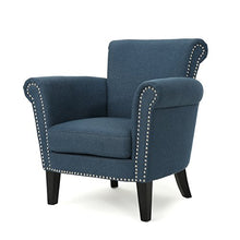 Load image into Gallery viewer, Christopher Knight Home Brice Vintage Scroll Arm Studded Fabric Club Chair, Navy Blue / Dark Brown