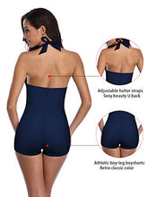 Load image into Gallery viewer, Century Star Women Bathing Suits Halter Top Vintage Inspired Boy-Leg One Piece Ruched Monokinis Swimsuit Beach Dark Blue 4-6