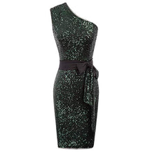 Load image into Gallery viewer, LIUMILAC Women Sequins Sleeveless Mini Party Club Dress Sparkle Shining Oneshoulder Skirt Blackish Green