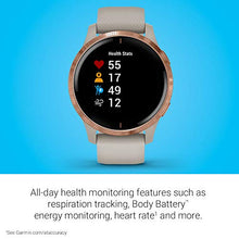Load image into Gallery viewer, Garmin Venu, GPS Smartwatch with Bright Touchscreen Display, Features Music, Body Energy Monitoring, Animated Workouts, Pulse Ox Sensor and More, Rose Gold with Tan Band
