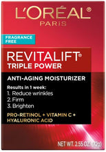 Load image into Gallery viewer, L’Oreal Paris Skincare Revitalift Triple Power Fragrance-Free Face Moisturizer with Pro Retinol, Hyaluronic Acid & Vitamin C, Reduce Wrinkles, Firm and Brighten Skin, 2.55 Oz