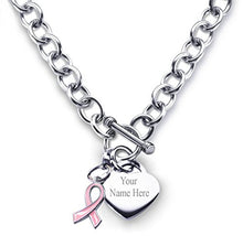 Load image into Gallery viewer, Personalized Heart Necklace Detachable Cancer Awareness Pink Ribbon Charm Stainless Steel 18" Engravable