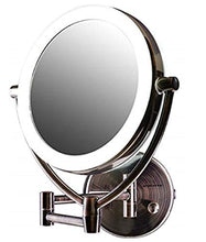 Load image into Gallery viewer, Ovente 7.5" Lighted Wall Mount Makeup Mirror, 1X & 10X Magnifier, Spinning Double Sided Round LED w/ Dimmer Switch, Extend, Retractable & Folding Arm, Battery USB Powered Antique Brass MLW75AB1X10X