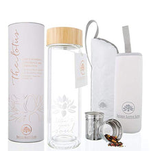 Load image into Gallery viewer, The Lotus Glass Tea Tumbler with Strainer & Infuser Basket for Loose Leaf Tea. Leak-Proof Lid. BPA Free. Double-Walled Glass Travel Tea Cup. 15 ounces