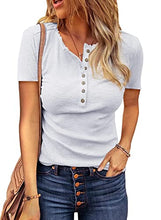 Load image into Gallery viewer, Zecilbo Womens Ribbed Knit Short Sleeve Solid Color Crewneck Tunic Button Down Shirts Henley Shirts Casual Slim Fit T Shirts