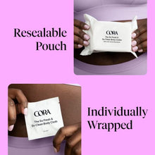 Load image into Gallery viewer, Cora Body Cloths | Cleansing Wipes | Unscented | All Over Refresh | Intimate Areas | Moisturizing and Hydrating | pH Balance | Soothing Aloe | Pouch | Packaging May Vary (60 Count)