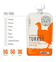Load image into Gallery viewer, Serenity Kids 6+ Months Baby Food Pouches Puree Made With Ethically Sourced Meats & Organic Veggies | 3.5 Ounce BPA-Free Pouch | Pasture Raised Turkey, Sweet Potato, Pumpkin, Beet | 12 Count