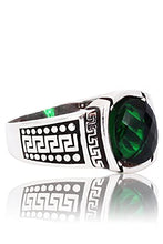 Load image into Gallery viewer, Elegant Greek Wave Detailed Oval Emerald Silver Ring. Stylish Handmade Vintage Statement Ring. Sterling Silver Jewelry for Men.