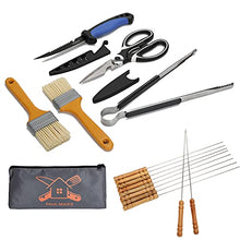 Load image into Gallery viewer, PAUL MAIER Grill Tool Set Including Filet Knife with Scabbard, Multi-Function Heavy-Duty Scissors, Barbecue Tongs, Barbecue Brush2 ,Wooden Handle Barbecue Needle10, Waterproof Storage Bag