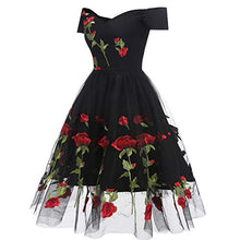 Load image into Gallery viewer, Women Vintage 1950s Embroidered Rose Cocktail Party Swing Dress Gatsby Princess Retro Valentine’s Day Evening Midi Skirt Gown Black - Short Sleeve M