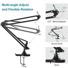 Load image into Gallery viewer, Microphone Boom Arm Stand, VeGue Adjustable Suspension Scissor Mic Stand with 3/8" to 5/8" Adapter, Pop Filter, Mic Clip, Heavy Duty Desk Clamp for Blue Yeti Nano Snowball Ice and Other Mics(VA10)