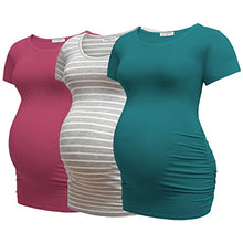Load image into Gallery viewer, Bearsland Womens Maternity Tshirt 3 Packs Classic Side Ruched Tee Top Mama Pregnancy Clothes,Lakeblue+gyrstripe+Russetred,L
