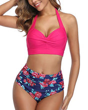 Load image into Gallery viewer, Tempt Me Women's Vintage Swimsuits Rose Red Retro Halter Ruched High Waist Bikini with Bottom M