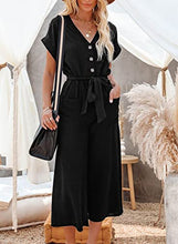 Load image into Gallery viewer, ROSKIKI Women's V-Neck Short Sleeve Button Pocketed Wide Leg Jumpsuits Romper with Belt