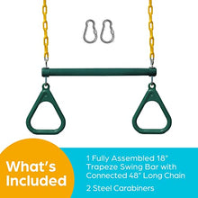 Load image into Gallery viewer, Jungle Gym Kingdom 18" Trapeze Swing Bar Rings 48" Heavy Duty Chain Swing Set Accessories & Locking Carabiners (Green)