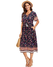 Load image into Gallery viewer, Arach&Cloz Women's Boho Tie Neck Printed Short Sleeve Floral Summer Loose Tassels Casual Midi Dress with Pockets (Floral03,XL)