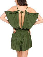Load image into Gallery viewer, MOFAVOR Women's Romper Plain Summer Beach Cold Shouler Short Jumpsuits Green M Size
