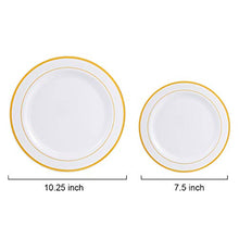 Load image into Gallery viewer, 120 Pieces Gold Plastic Plates, White Disposable Plates with Gold Rim, includes: 60 Dinner Plates 10.25”, 60 Dessert Plates 7.5”